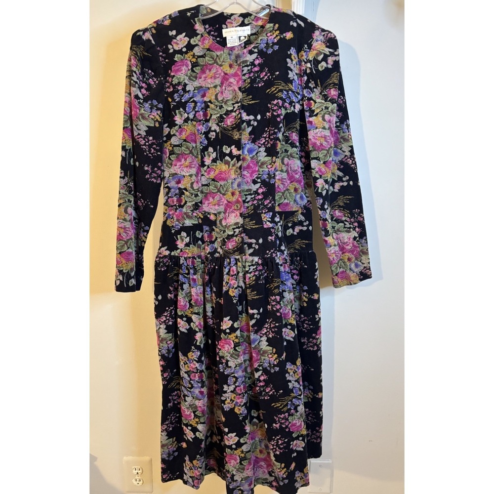 VTG DENNIS GOLDSMITH Black Pink Floral Drop Waist Corduroy Dress 10 Cottage Core